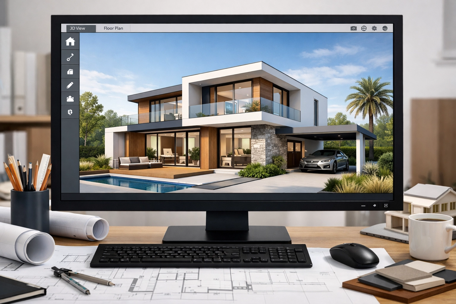 Visualisasi desain rumah 3D oleh arsitek profesional